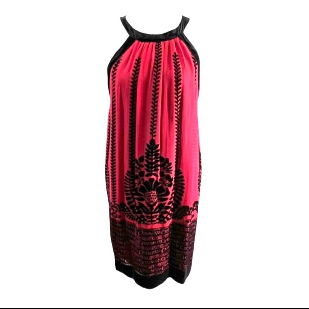 STUDIO Red Halter Dress with Black Velvet Trim SZ Med Petite